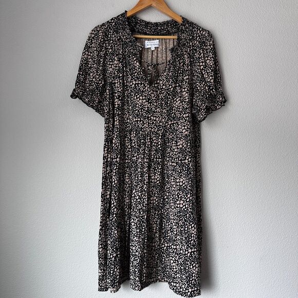 Margaux Rivera Dress Short V-Neck Ruffle Black Beige Viscose Boho Spring Large - Picture 1 of 8
